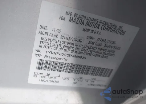 2008 Mazda Mazda6 I Sport Ve z USA, uszkodzony, nr VIN 1YVHP80C585M09935